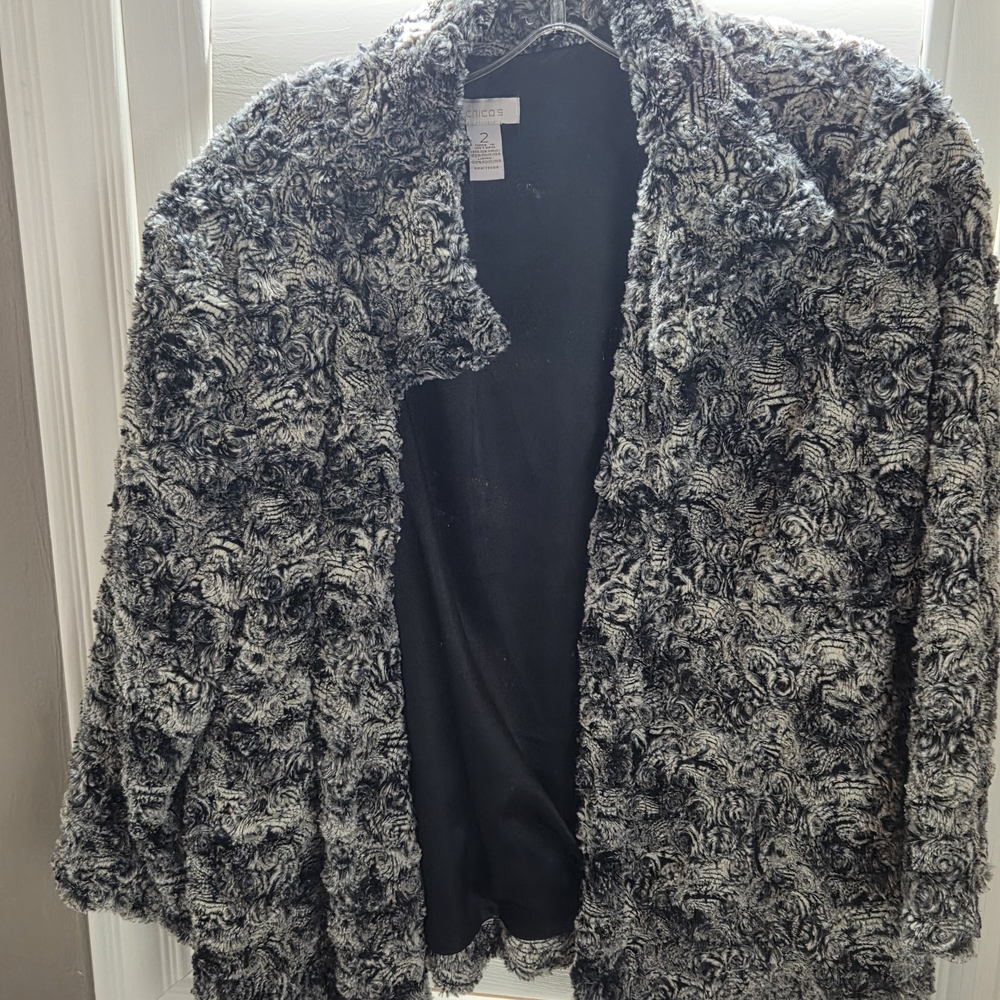 Chico’s Faux Fur Jacket Size 2 (L) Black Gray Soft Plush Coat